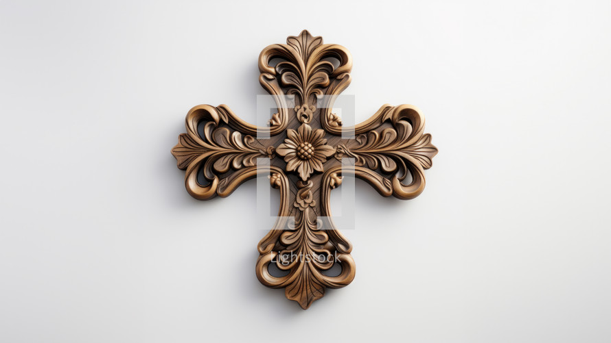 Wooden cross with detailed ornaments. Set against a white background. 