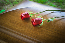 Two long-stem roses laying on a wooden casket.