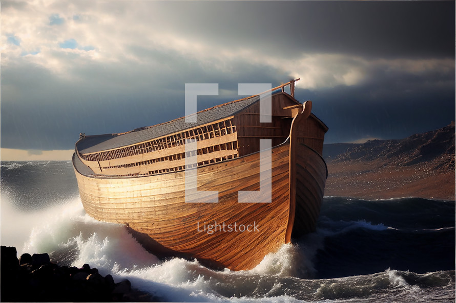 Realistic image of Noah's Ark with water crashing into it