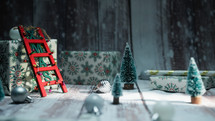 Christmas Gifts on a snowy wooden table