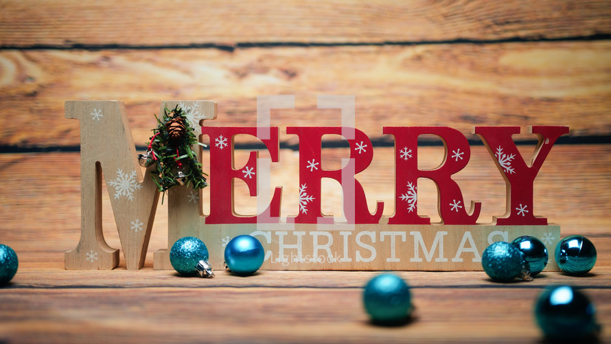 Merry Christmas Sign with Blue balls