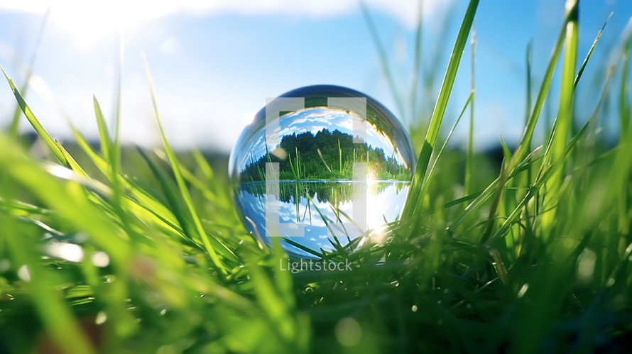 Glass orb in the grass with blue sky. 