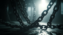 Closeup of chains hanging in a dimly lit room. 