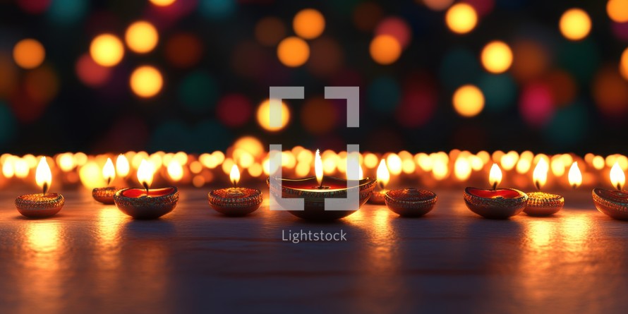 Diwali Diyas with bokeh lights background