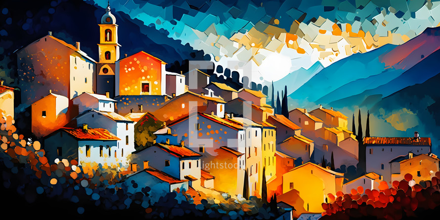 Abstract painting concept. Colorful art of a small french village in the Alps.