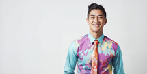 Smiling Asian-American male in a vibrant patterned shirt, white background, exuding confidence and style.