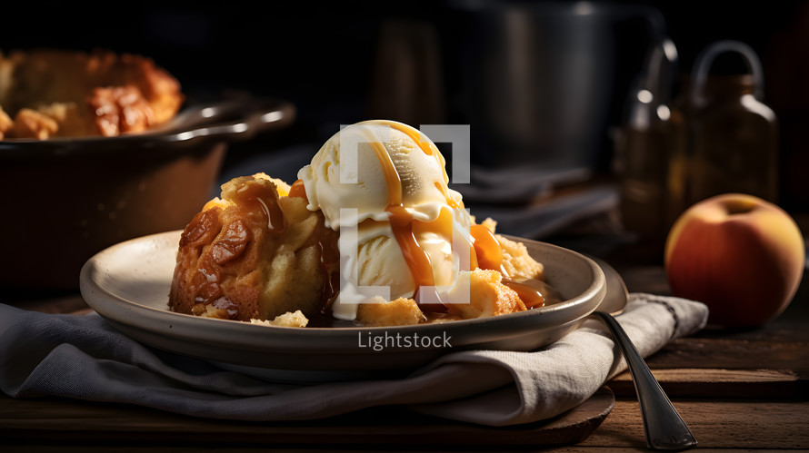 Abstract art. Colorful painting art of an exquisite plate of food. Apple Cobbler with Ice Cream and Caramel Sauce.
