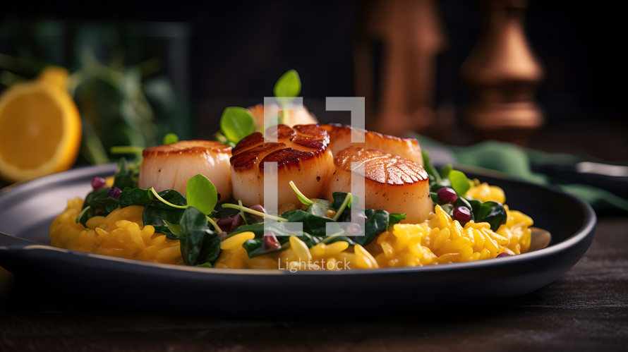 Abstract art. Colorful painting art of an exquisite plate of food. Pan-seared scallops with saffron risotto.