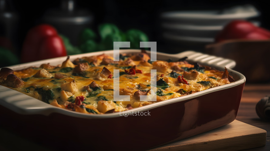 Abstract art. Colorful painting art of an exquisite plate of food. Breakfast Casserole with eggs, sausage or bacon, and vegetables.
