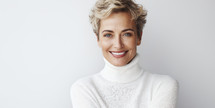 Confident and happy middle-aged woman with short blonde hair smiling in a white turtleneck sweater.