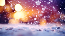 Falling snow background with colorful bokeh lights. 