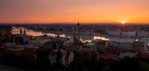 Sunrise over the city of Budapest, Hungary and the river Danube, with the Parliament buildings and Margret Bridge (Margit Hid)
