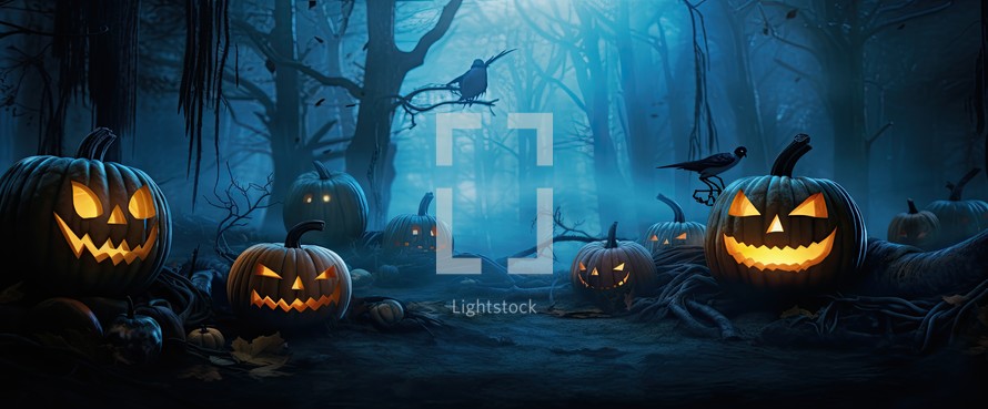Halloween background with scary pumpkins in the forest. 3d rendering