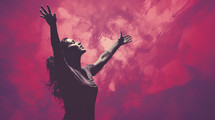 Woman raises his hands to worship and praise God. Purple and pink background. Christian illustration. 