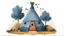 Childlike illustration of a cute tent surrounded by trees and rocks. The tent has a whimsical design with a blue color palette, creating a playful and inviting atmosphere.