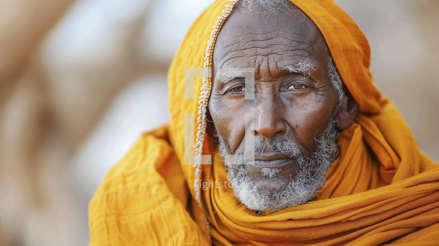 Elderly Somalian man with a wise gaze, draped in orange.