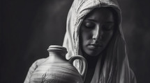Colorful painting art portrait of a samaritan woman with a clay water jug. Christian illustration.