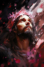 Painting portrait of Jesus wearing a crown of thorns. Christian illustration. 