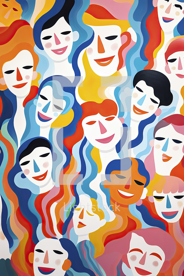 Colorful illustration of abstract happy people faces. Community concept.