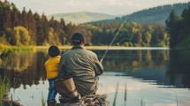 A man and a boy, likely father and son, are standing together on a fishing boat in the middle of a calm lake. The man is holding a fishing rod, while the boy looks attentively at the water, possibly waiting for a catch.