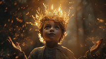 Portrait of a royal child of God. Child with glowing magical crown. Christian illustration.