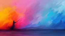 Abstract painting of a lone warrior holding a sword against a vibrant gradient background, transitioning from warm orange and pink to cool blue hues, symbolizing spiritual warfare and faith.