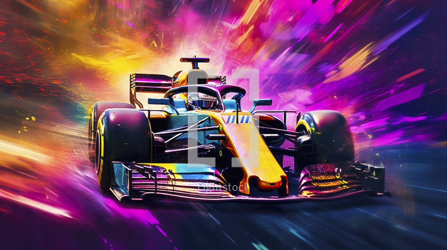 Close-up portrait of a Formula 1 race car with colorful vibes. Motorsports concept.