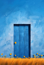 A vibrant blue door stands against a matching blue wall, with orange flowers and petals scattered on the ground, symbolizing new beginnings and opportunities.