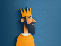 Minimalist illustration of King David in a biblical context, featuring a stylized, geometric design with a crown and beard, set against a textured blue background.