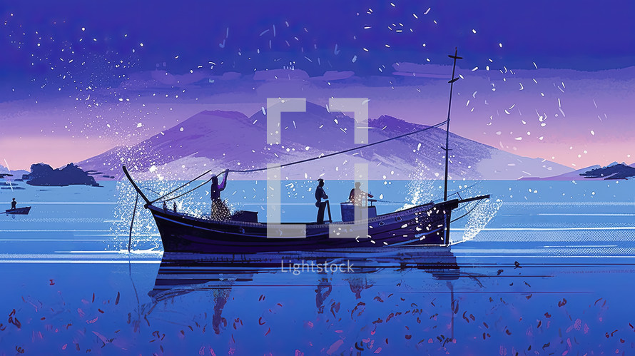 Colorful painting art of fishermen riding in a fishing boat on the Sea of ​​Galilee. Christian illustration. 