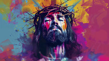 Intense and vivid depiction of Jesus with a crown of thorns, featuring a dynamic blend of colors and emotive expression.