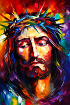 Colorful AI portrait of Jesus with a crown of thorns. Easter, crucifixion or Resurrection concept. 