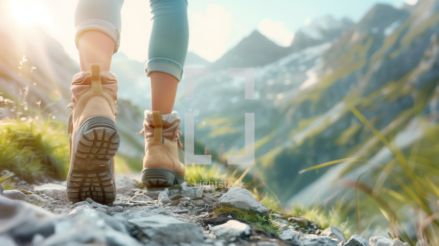 Close-up of hiker walking on a rocky trail in the mountains at sunrise.