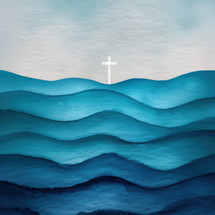 White cross in the distance set against layered blue waves, symbolizing faith, hope, and spiritual journey through life's challenges in a serene design.