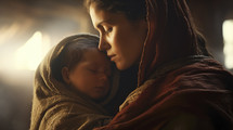 Portrait of Mary with baby Jesus in her arms. Nativity of Jesus. Christmas concept.