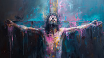 A vivid and emotional depiction of Jesus on the cross with a crown of thorns in an abstract, expressive painting.