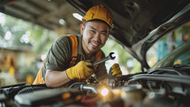 Skilled mechanic working, friendly service, automotive repair.