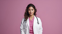 Confident female healthcare professional in lab coat with stethoscope against a pink background.