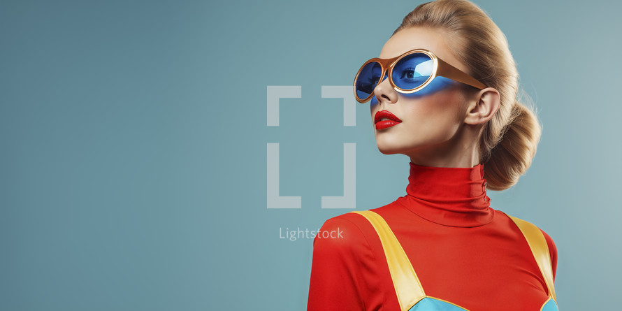 Stylish young woman in superhero costume with retro blue sunglasses and red lipstick posing on a turquoise background.