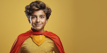 Confident young boy dressed as a superhero with a cape and emblem, smiling against a yellow background.