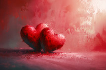 Dramatic red hearts on a textured backdrop, evoking deep love and artistic expression.
