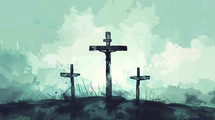 Stylized illustration of three rugged crosses against a hazy teal sky, the central cross marked with the inscription "INRI."