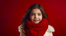 Smiling young girl in winter scarf against red background.