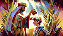 Vibrant illustration of the biblical event where Samuel anoints David as king, set against a pastoral field backdrop.