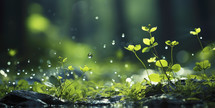 Close-up of green nature background with leaves and water drops.