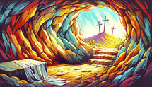 Colorful illustration of the empty tomb and resurrection of Jesus.