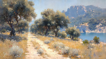 Scenic view of olive trees and wildflowers along a rugged path leading to a serene lake, set against the backdrop of Southern France's rolling hills.