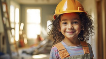 Portrait of a small cute girl wearing a hard hat. Renovation or construction concept.