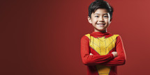 Smiling young Asian boy in a superhero costume with arms crossed, standing confidently against a vibrant red background.