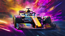 Close-up portrait of a Formula 1 race car with colorful vibes. Motorsports concept.